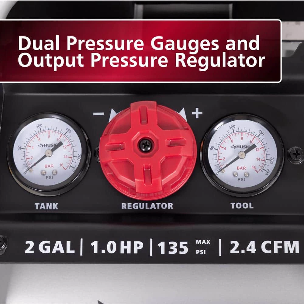 Husky 2 Gal. 135 PSI Portable Electric Oil-Free Quiet Jobsite Air Compressor With Dual Pressure Gauges And 1-Quick Coupler 9 Husky 2 Gal. 135 PSI Portable Electric Oil-Free Quiet Jobsite Air Compressor With Dual Pressure Gauges And 1-Quick Coupler - Image 9