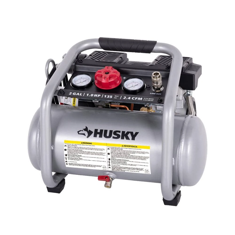 Husky 2 Gal. 135 PSI Portable Electric Oil-Free Quiet Jobsite Air Compressor With Dual Pressure Gauges And 1-Quick Coupler 1 Husky 2 Gal. 135 PSI Portable Electric Oil-Free Quiet Jobsite Air Compressor With Dual Pressure Gauges And 1-Quick Coupler