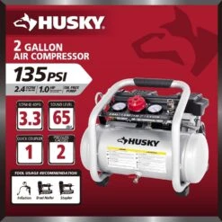 Husky 2 Gal. 135 PSI Portable Electric Oil-Free Quiet Jobsite Air Compressor With Dual Pressure Gauges And 1-Quick Coupler 15 Husky 2 Gal. 135 PSI Portable Electric Oil-Free Quiet Jobsite Air Compressor With Dual Pressure Gauges And 1-Quick Coupler -Husky Shop husky portable air compressors 3300241a a0 1000