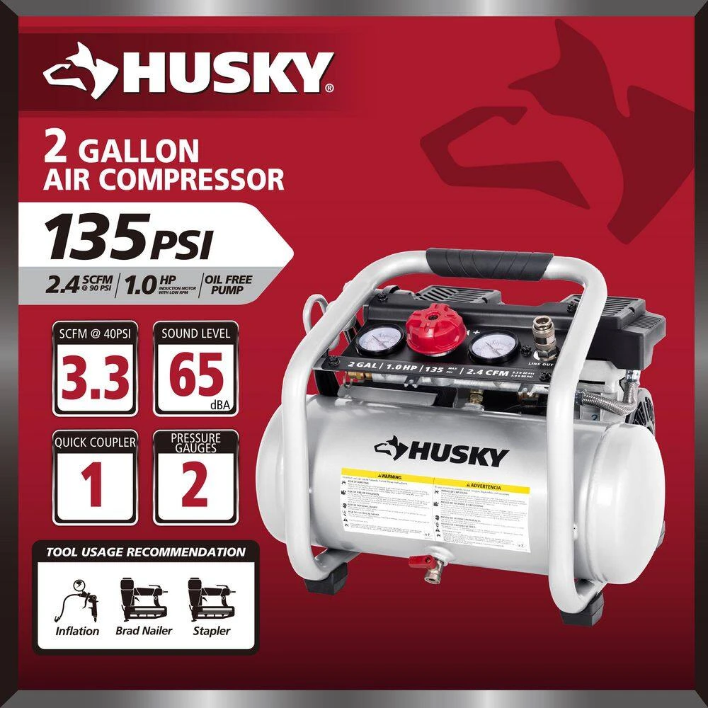 Husky 2 Gal. 135 PSI Portable Electric Oil-Free Quiet Jobsite Air Compressor With Dual Pressure Gauges And 1-Quick Coupler 4 Husky 2 Gal. 135 PSI Portable Electric Oil-Free Quiet Jobsite Air Compressor With Dual Pressure Gauges And 1-Quick Coupler - Image 4