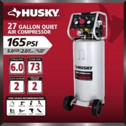 Husky 27 Gal.165 PSI Vertical Electric Oil-Free Quiet Auto/Workshop Air Compressor With Dual Gauges And 2-Quick Couplers -Husky Shop husky portable air compressors 3332741 a0 1000
