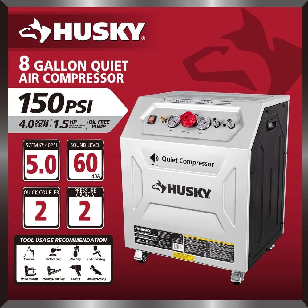 Husky 8 Gal. 150 PSI Electric Oil-Free Quiet Workshop Air Compressor In Sound Insulated Cabinet With 2-Quick Couplers 4 Husky 8 Gal. 150 PSI Electric Oil-Free Quiet Workshop Air Compressor In Sound Insulated Cabinet With 2-Quick Couplers - Image 4