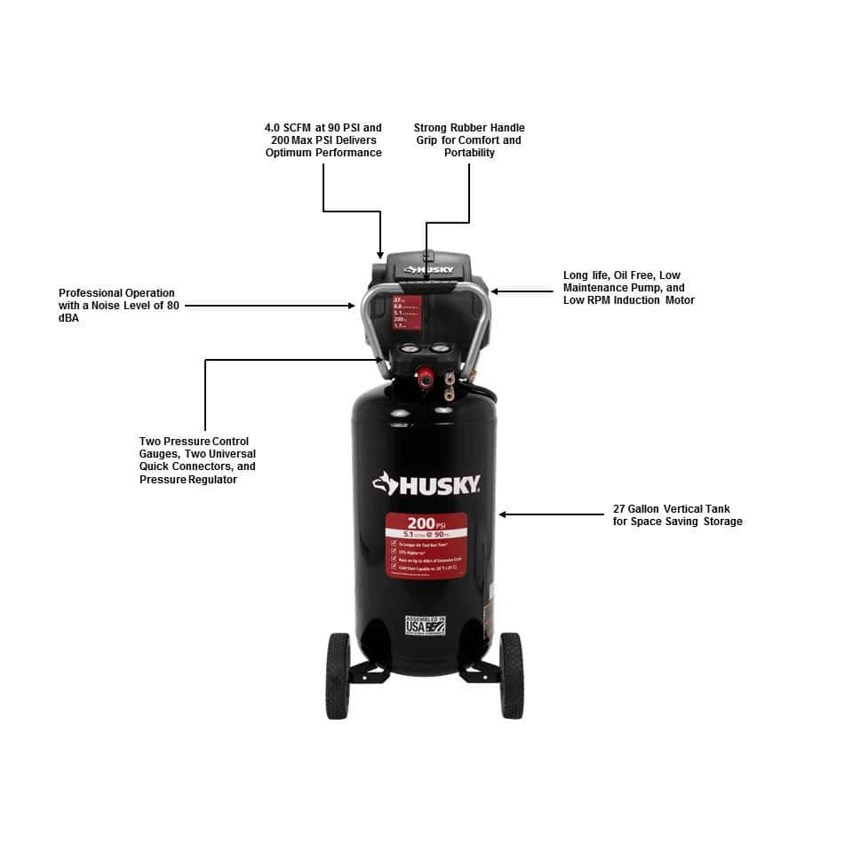 Husky 27 Gal. 200 PSI Oil Free Portable Vertical Electric Air Compressor 9 Husky 27 Gal. 200 PSI Oil Free Portable Vertical Electric Air Compressor - Image 9