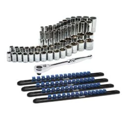 Husky 1/2 In. Drive SAE And Metric Socket And Bit Set With Ratchet And Rails (57-Piece)