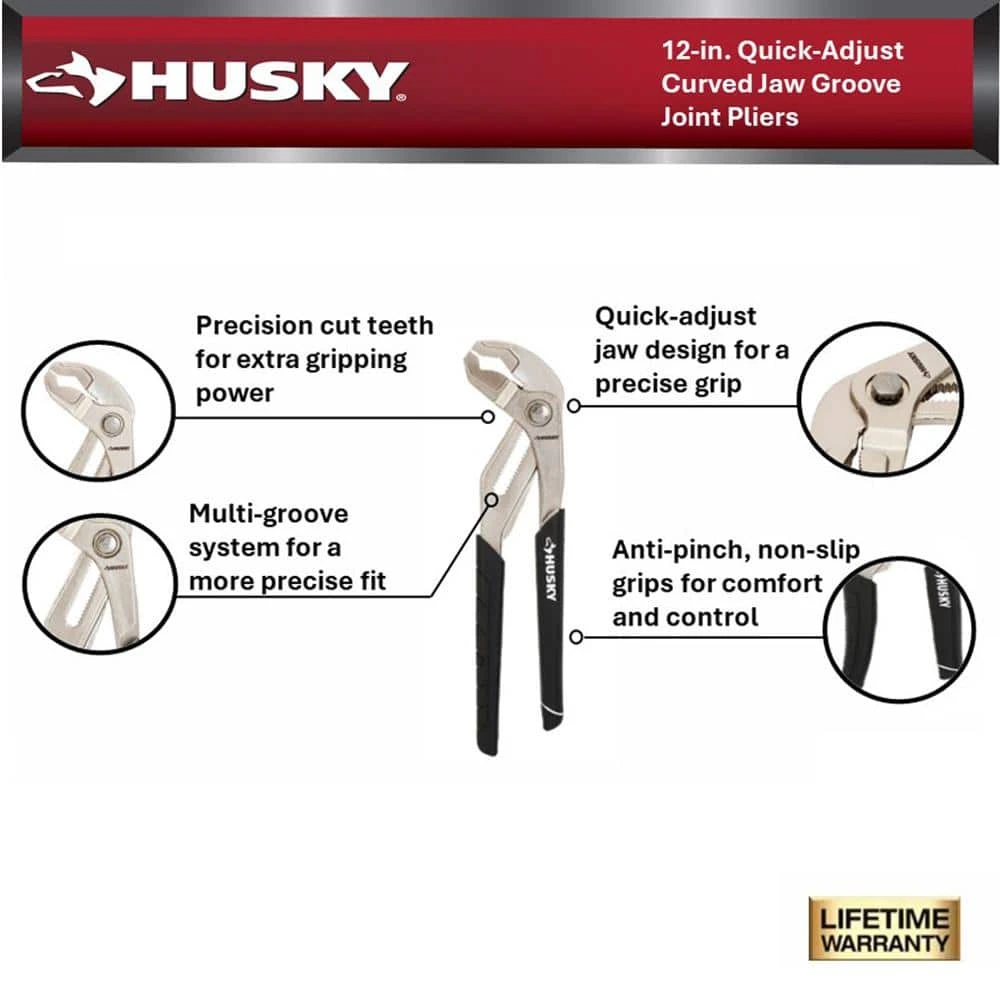 Husky 12 In. Groove Pliers With Quick Adjusting Curved Jaw 2 Husky 12 In. Groove Pliers With Quick Adjusting Curved Jaw - Image 2