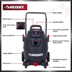 Husky 16 Gallon 6.5 Peak HP Wet Dry Vac Shop Vacuum Cart With Locking Hose, Wands, Filters, Dust Bag And Accessory Attachments -Husky Shop husky wet dry vacuums at18621p 16a 1d 1000