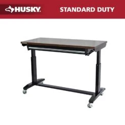 Husky 52 In. W X 24 In. D 1-Drawer Adjustable Height Gloss Black Workbench With Dark Stained Wood Top