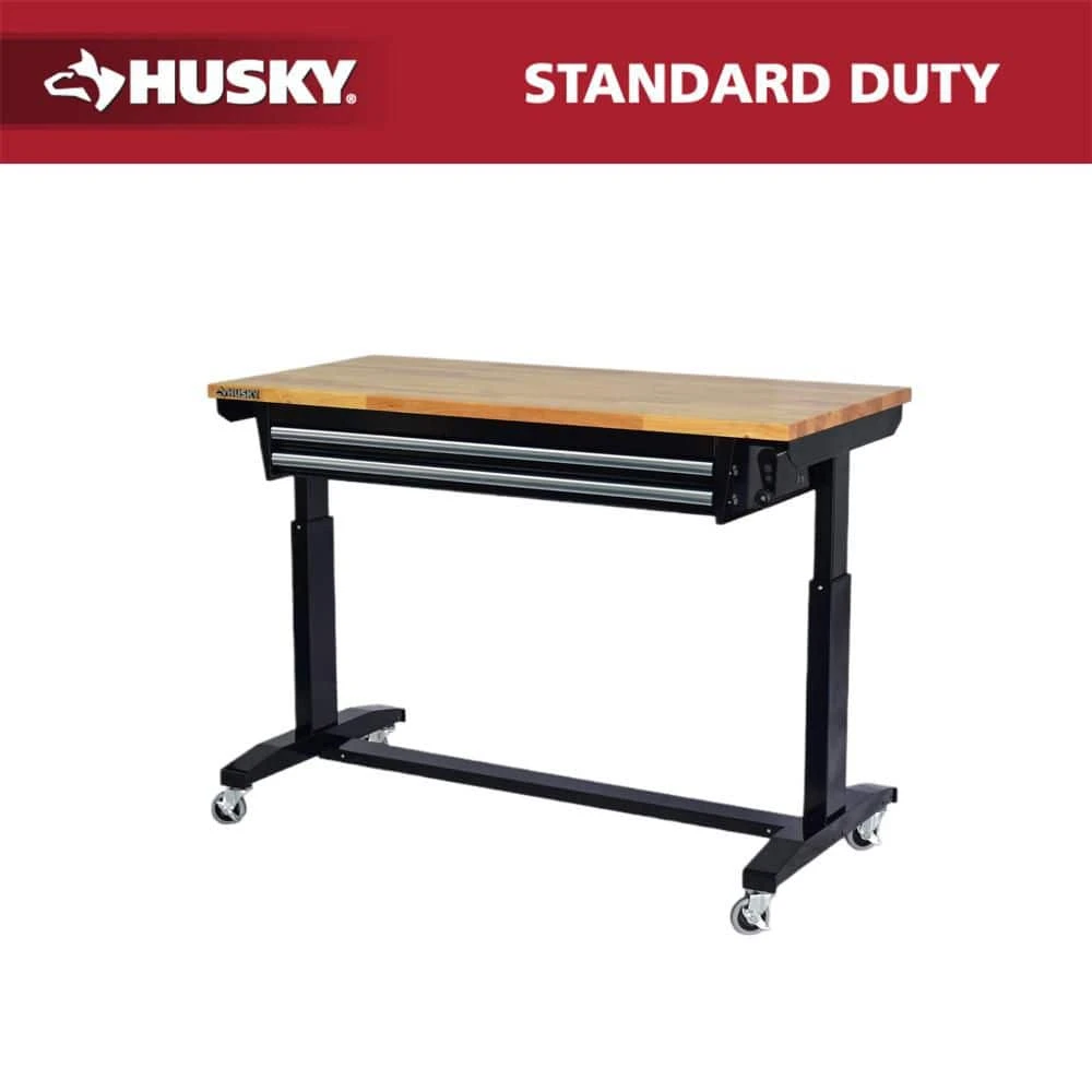 Husky 52 In. W X 24 In. D 2-Drawer Adjustable Height Blaxk Work Table With Solid Wood Top 1 Husky 52 In. W X 24 In. D 2-Drawer Adjustable Height Blaxk Work Table With Solid Wood Top