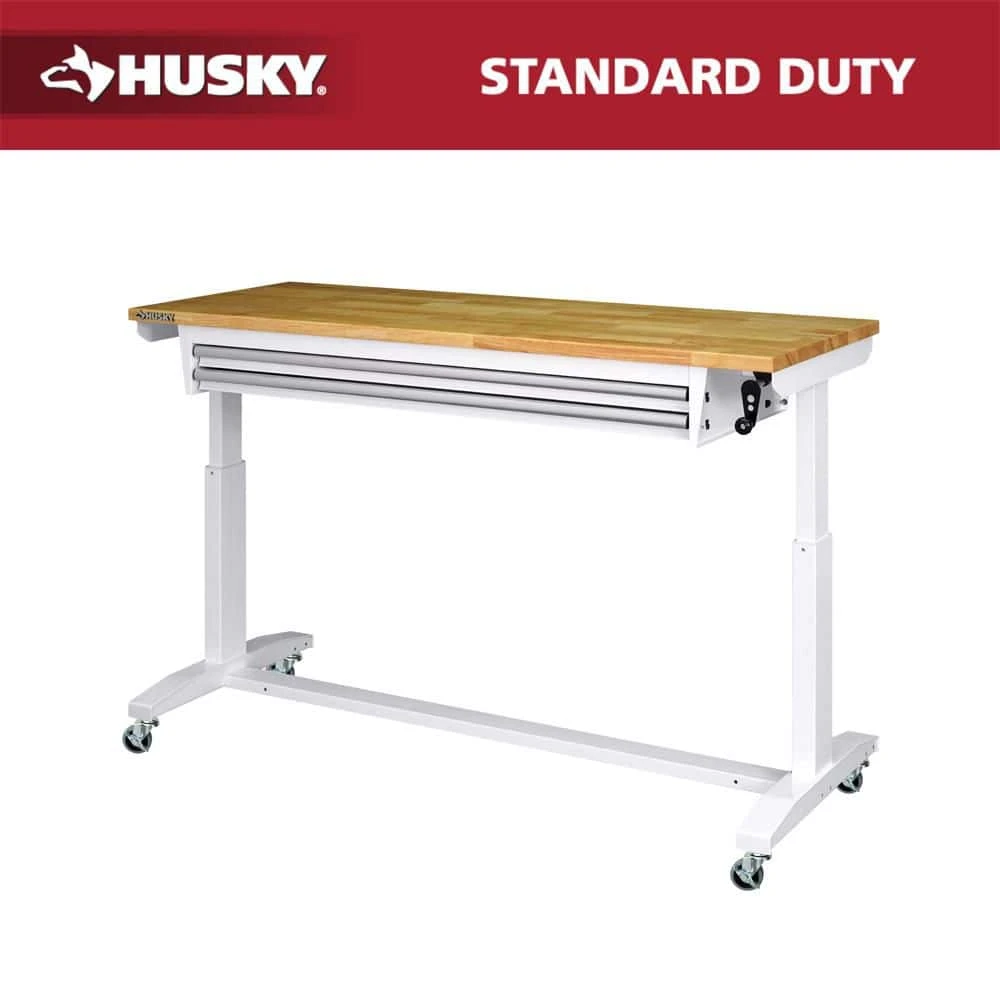 Husky Tool Storage 62 In. W White Adjustable Height Work Table With 2-Drawers 1 Husky Tool Storage 62 In. W White Adjustable Height Work Table With 2-Drawers