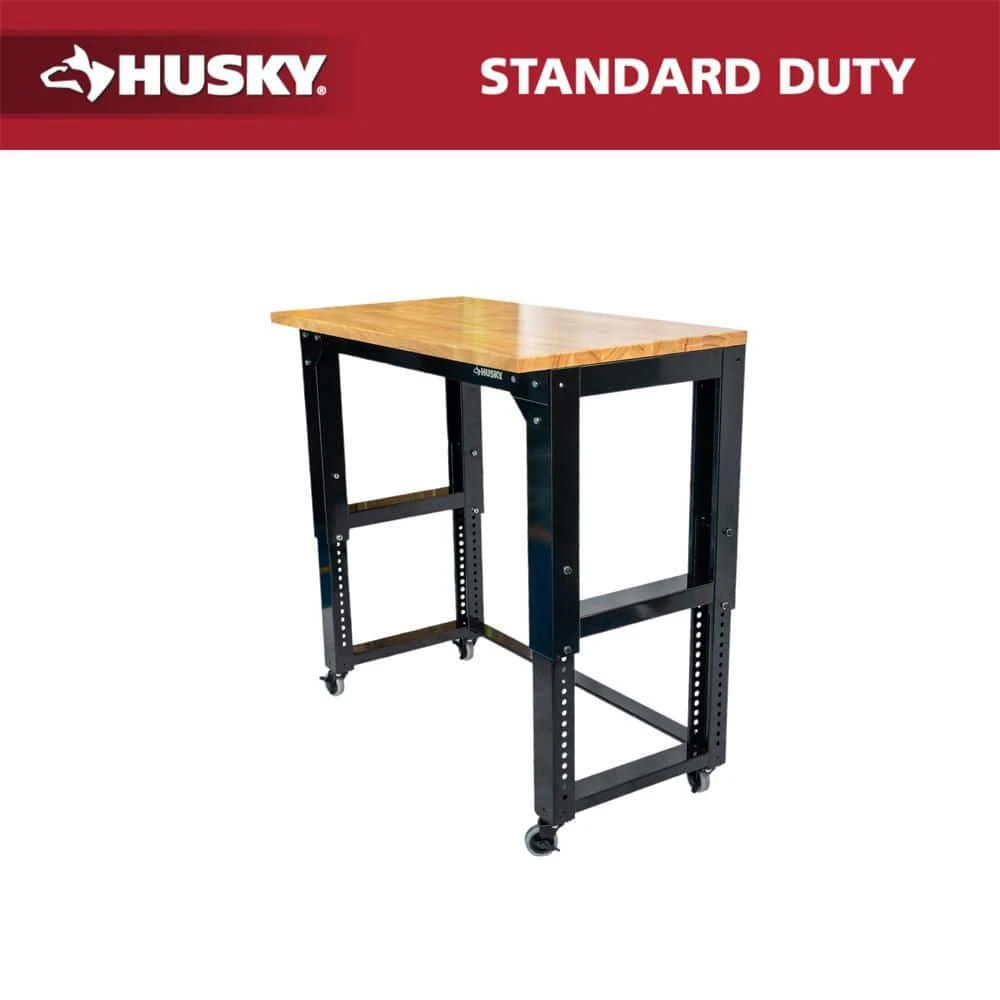 Husky 46 In. W X 24 In. Deep Adjustable Height Work Table With Solid Wood Top, Gloss Black 1 Husky 46 In. W X 24 In. Deep Adjustable Height Work Table With Solid Wood Top, Gloss Black