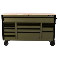 Husky Heavy Duty 61 In. W X 23 In. D 15-Drawer Matte Army Green Mobile Workbench Cabinet With Solid Wood Top -Husky Shop matte army green husky mobile workbenches h61mwc15hdarmy tl 40 1000
