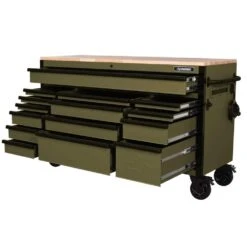Husky Heavy Duty 61 In. W X 23 In. D 15-Drawer Matte Army Green Mobile Workbench Cabinet With Solid Wood Top -Husky Shop matte army green husky mobile workbenches h61mwc15hdarmy tl 77 1000