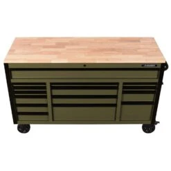 Husky Heavy Duty 61 In. W X 23 In. D 15-Drawer Matte Army Green Mobile Workbench Cabinet With Solid Wood Top -Husky Shop matte army green husky mobile workbenches h61mwc15hdarmy tl a0 1000