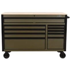 Husky Limited Edition 52 In. X 24.5 In. D 10-Drawer Army Green Mobile Workbench With Solid Wood Top -Husky Shop matte army green husky tool cabinets h52mwc10army 40 1000