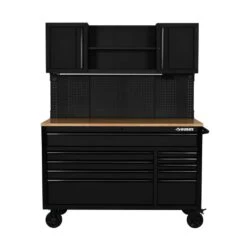 Husky 56 In. W X 27.6 In. D 10-Drawer Matte Black Heavy-Duty Mobile Workbench With Pegboard And Top Cabinets -Husky Shop matte black husky mobile workbenches h56ultwsmb 4f 1000