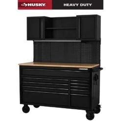 Husky 56 In. W X 27.6 In. D 10-Drawer Matte Black Heavy-Duty Mobile Workbench With Pegboard And Top Cabinets