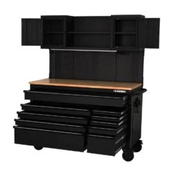 Husky 56 In. W X 27.6 In. D 10-Drawer Matte Black Heavy-Duty Mobile Workbench With Pegboard And Top Cabinets -Husky Shop matte black husky mobile workbenches h56ultwsmb a0 1000