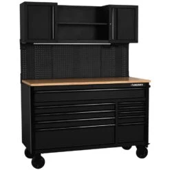 Husky 56 In. W X 27.6 In. D 10-Drawer Matte Black Heavy-Duty Mobile Workbench With Pegboard And Top Cabinets -Husky Shop matte black husky mobile workbenches h56ultwsmb c3 1000