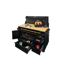 Husky 61 In. W X 26 In. D Heavy Duty 10-Drawer 1-Door Mobile Workbench With Hardwood Top, Pegboard And Shelf In Matte Black -Husky Shop matte black husky mobile workbenches hotc6110bb1m a0 1000