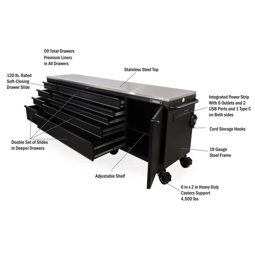 Husky 108 In. W X 24 In. D 9-Drawer Heavy-Duty Mobile Workbench With Stainless Steel Top In Matte Black 6 Husky 108 In. W X 24 In. D 9-Drawer Heavy-Duty Mobile Workbench With Stainless Steel Top In Matte Black - Image 6