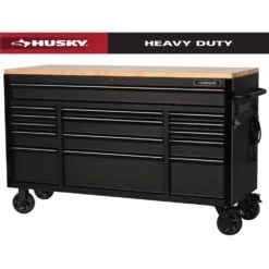Husky 61 In. W X 23 In. D Heavy Duty 15-Drawer Mobile Workbench Tool Chest With Solid Wood Top In Matte Black