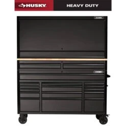 Husky 61 In. W X 23 In. D Heavy-Duty 17-Drawer Mobile Workbench Cabinet With Riser And Hutch In Matte Black