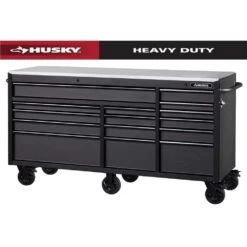 Husky 72 In. W X 24 In. D Heavy Duty 15-Drawer Mobile Workbench Cabinet Chest With Stainless Steel Top In Matte Black