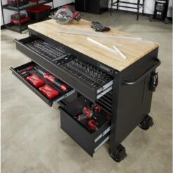 Husky 52 In. W X 25 In. D Heavy Duty 9-Drawer Mobile Workbench Cabinet With Adjustable-Height Hardwood Top In Matte Black 18 Husky 52 In. W X 25 In. D Heavy Duty 9-Drawer Mobile Workbench Cabinet With Adjustable-Height Hardwood Top In Matte Black -Husky Shop matte black with black trim husky mobile workbenches holc5209bb1m 1d 1000