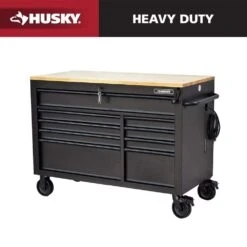Husky 52 In. W X 25 In. D Heavy Duty 9-Drawer Mobile Workbench Cabinet With Adjustable-Height Hardwood Top In Matte Black