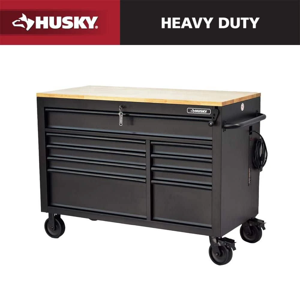 Husky 52 In. W X 25 In. D Heavy Duty 9-Drawer Mobile Workbench Cabinet With Adjustable-Height Hardwood Top In Matte Black 1 Husky 52 In. W X 25 In. D Heavy Duty 9-Drawer Mobile Workbench Cabinet With Adjustable-Height Hardwood Top In Matte Black