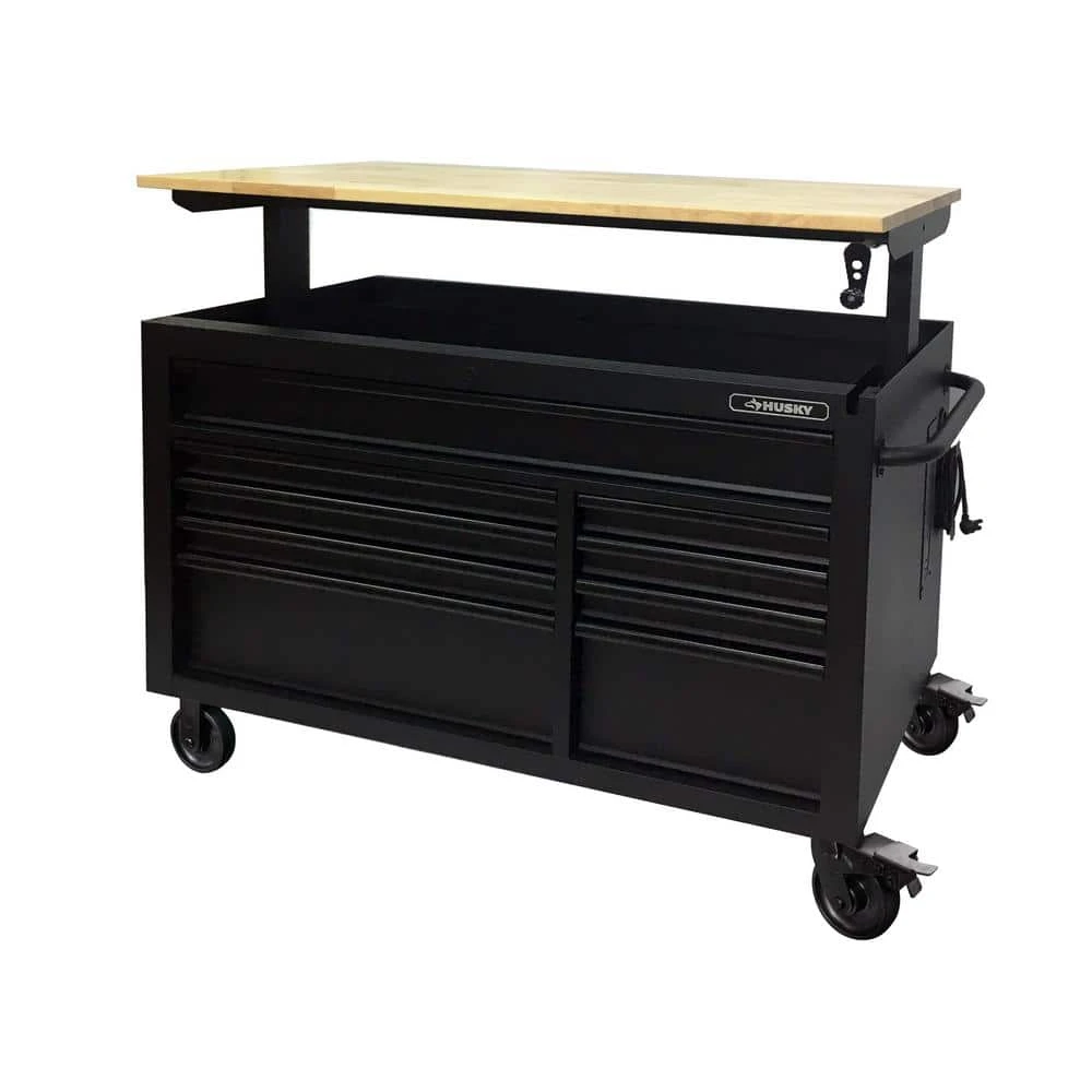 Husky 52 In. W X 25 In. D Heavy Duty 9-Drawer Mobile Workbench Cabinet With Adjustable-Height Hardwood Top In Matte Black 6 Husky 52 In. W X 25 In. D Heavy Duty 9-Drawer Mobile Workbench Cabinet With Adjustable-Height Hardwood Top In Matte Black - Image 6