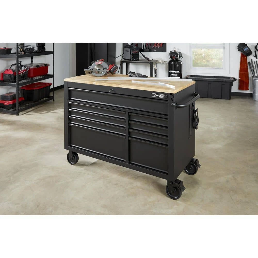 Husky 52 In. W X 25 In. D Heavy Duty 9-Drawer Mobile Workbench Cabinet With Adjustable-Height Hardwood Top In Matte Black 4 Husky 52 In. W X 25 In. D Heavy Duty 9-Drawer Mobile Workbench Cabinet With Adjustable-Height Hardwood Top In Matte Black - Image 4