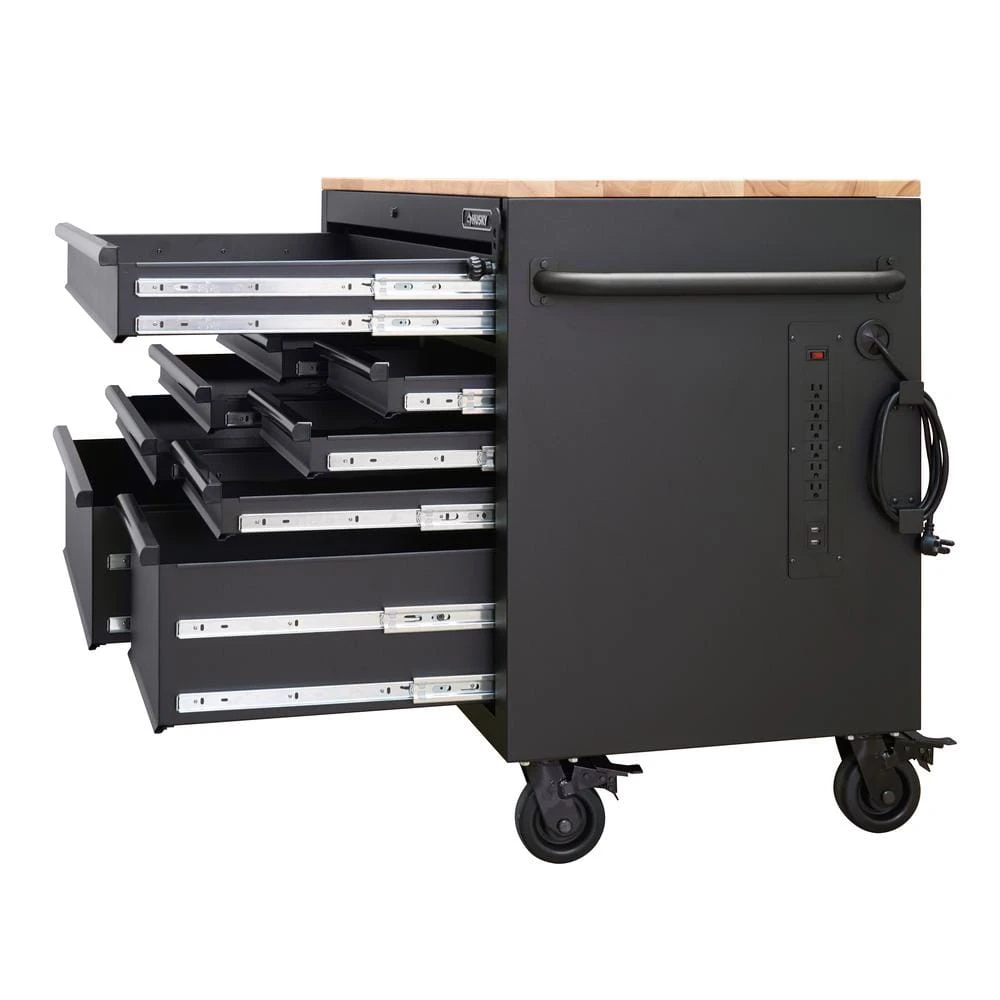 Husky 52 In. W X 25 In. D Heavy Duty 9-Drawer Mobile Workbench Cabinet With Adjustable-Height Hardwood Top In Matte Black 8 Husky 52 In. W X 25 In. D Heavy Duty 9-Drawer Mobile Workbench Cabinet With Adjustable-Height Hardwood Top In Matte Black - Image 8