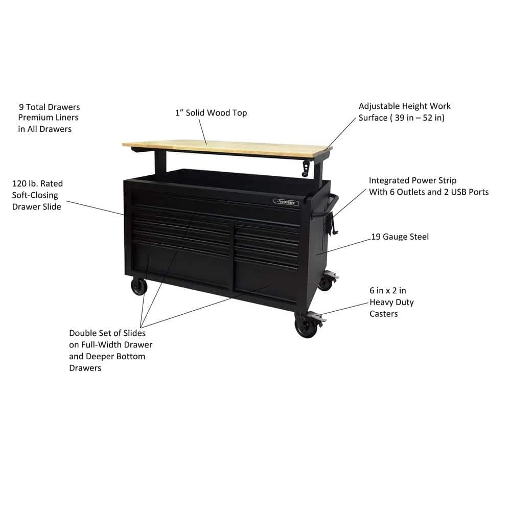 Husky 52 In. W X 25 In. D Heavy Duty 9-Drawer Mobile Workbench Cabinet With Adjustable-Height Hardwood Top In Matte Black 2 Husky 52 In. W X 25 In. D Heavy Duty 9-Drawer Mobile Workbench Cabinet With Adjustable-Height Hardwood Top In Matte Black - Image 2