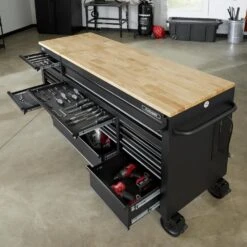 Husky 72 In. W X 24 In. D Heavy Duty 18-Drawer Mobile Workbench Cabinet With Adjustable-Height Hardwood Top In Matte Black -Husky Shop matte black with black trim husky mobile workbenches holc7218bb1mys 1d 1000