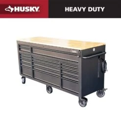 Husky 72 In. W X 24 In. D Heavy Duty 18-Drawer Mobile Workbench Cabinet With Adjustable-Height Hardwood Top In Matte Black