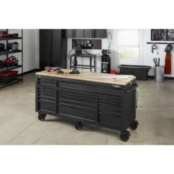 Husky 72 In. W X 24 In. D Heavy Duty 18-Drawer Mobile Workbench Cabinet With Adjustable-Height Hardwood Top In Matte Black -Husky Shop matte black with black trim husky mobile workbenches holc7218bb1mys 66 1000