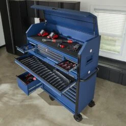 Husky 56 In. W X 22 In. D Heavy Duty 23-Drawer Combination Rolling Tool Chest And Top Tool Cabinet Set In Matte Blue 16 Husky 56 In. W X 22 In. D Heavy Duty 23-Drawer Combination Rolling Tool Chest And Top Tool Cabinet Set In Matte Blue -Husky Shop matte blue with black finishes husky tool chest combos hotc5623bl2s 1d 1000