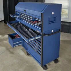 Husky 56 In. W X 22 In. D Heavy Duty 23-Drawer Combination Rolling Tool Chest And Top Tool Cabinet Set In Matte Blue 23 Husky 56 In. W X 22 In. D Heavy Duty 23-Drawer Combination Rolling Tool Chest And Top Tool Cabinet Set In Matte Blue -Husky Shop matte blue with black finishes husky tool chest combos hotc5623bl2s fa 1000