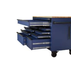 Husky 52 In. W X 25 In. D Heavy Duty 9-Drawer Mobile Workbench Tool Chest With Adjustable-Height Solid Wood Top In Matte Blue -Husky Shop matte blue with black trim husky mobile workbenches holc5209bl1m 44 1000