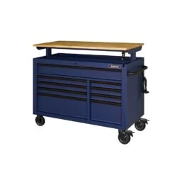 Husky 52 In. W X 25 In. D Heavy Duty 9-Drawer Mobile Workbench Tool Chest With Adjustable-Height Solid Wood Top In Matte Blue -Husky Shop matte blue with black trim husky mobile workbenches holc5209bl1m 4f 1000