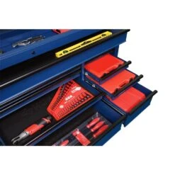 Husky 72 In. W X 24 In. D Heavy Duty 18-Drawer Adjustable Height Mobile Workbench With Solid Wood Top In Matte Blue -Husky Shop matte blue with black trim husky mobile workbenches holc7218bl1m 4f 1000