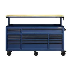 Husky 72 In. W X 24 In. D Heavy Duty 18-Drawer Adjustable Height Mobile Workbench With Solid Wood Top In Matte Blue -Husky Shop matte blue with black trim husky mobile workbenches holc7218bl1m 66 1000
