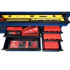 Husky 72 In. W X 24 In. D Heavy Duty 18-Drawer Adjustable Height Mobile Workbench With Solid Wood Top In Matte Blue -Husky Shop matte blue with black trim husky mobile workbenches holc7218bl1m 77 1000