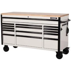 Husky 61 In. W X 23 In D Heavy Duty 15-Drawer Mobile Workbench With Mechanics Tool Set (290-Piece) In EVA In Matte White -Husky Shop matte white with black trim husky mobile workbenches h290tb61whtcb 1d 1000