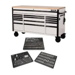 Husky 61 In. W X 23 In D Heavy Duty 15-Drawer Mobile Workbench With Mechanics Tool Set (290-Piece) In EVA In Matte White