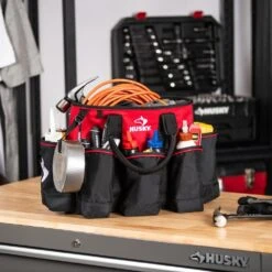Husky 14 In. 15 Pocket Open Top Supply Tool Bag -Husky Shop red black husky tool bags hd60014 th fa 1000