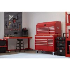 Husky Modular Tool Storage 52 In. W Standard Duty Red Mobile Workbench Cabinet With 8-Drawer Top Tool Chest -Husky Shop red husky mobile workbenches h52modsuite1red d4 1000