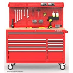 Husky Modular Tool Storage 52 In. W Standard Duty Red Mobile Workbench Cabinet With Pegboard -Husky Shop red husky mobile workbenches h52modsuite2red 31 1000