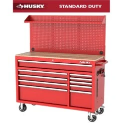 Husky Modular Tool Storage 52 In. W Standard Duty Red Mobile Workbench Cabinet With Pegboard